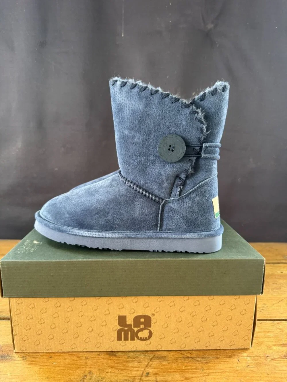 Lomo Navy Suede Button Whipstitched Ankle Boots New in Box Size 8 - Picture 2 of 5